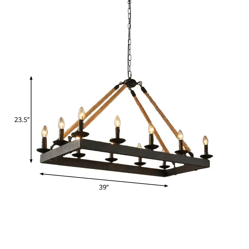 Black metal chandelier with rope accents and multiple candle-style e26 e27 bulbs for industrial hanging island lighting