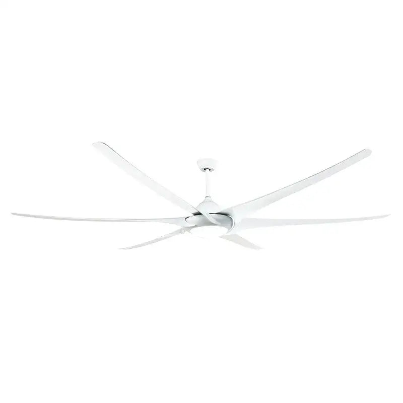 Modern dark bronze large ceiling fan with sleek white blades and minimalist design for living room use