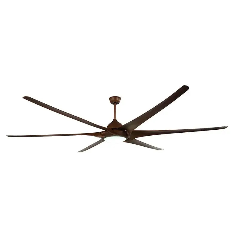 Modern dark bronze large ceiling fan with six sleek blades and integrated light fixture for living room use