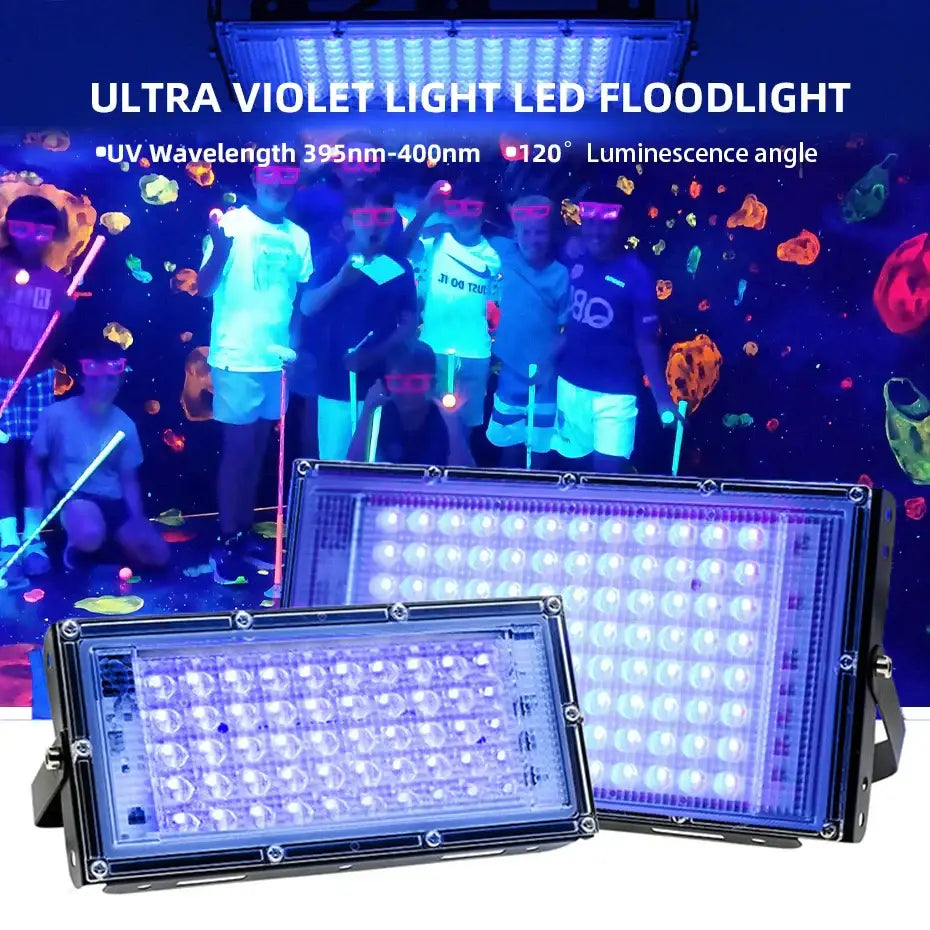 Decorbites 100w led uv blacklight is a black rectangular floodlight with bright purple uv leds for party room use