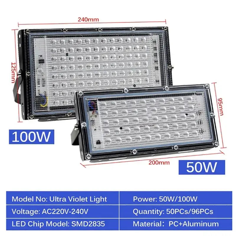 Black rectangular led floodlights with clear covers featuring 50w and decorbites 100w led uv blacklight panel for parties