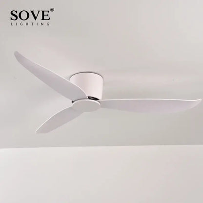 Modern white dc ceiling fan with remote control featuring sleek wood blades and minimalist design for bedroom lighting