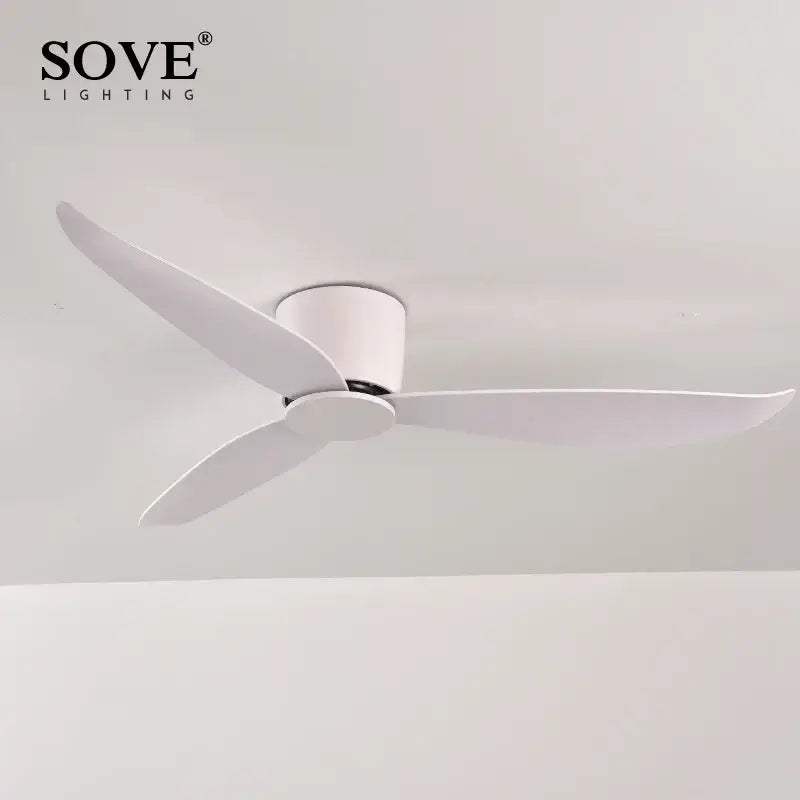 Modern white dc ceiling fan with remote control featuring sleek wood blades and minimalist design for bedroom lighting