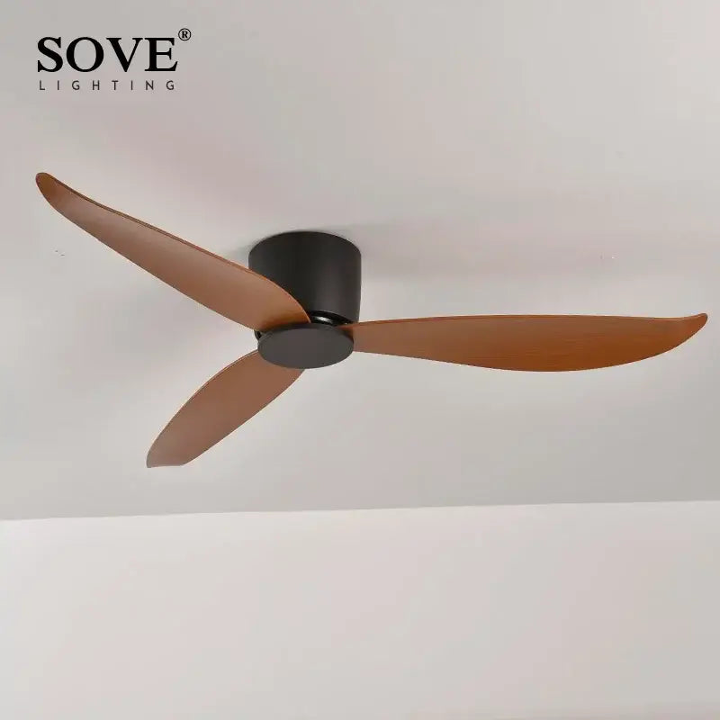 Modern white dc ceiling fan with remote control featuring sove lighting and three matte brown wood blades for bedrooms