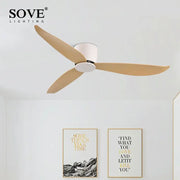 Sove lighting modern white DC ceiling fan with remote control and three light wood blades for bedroom use