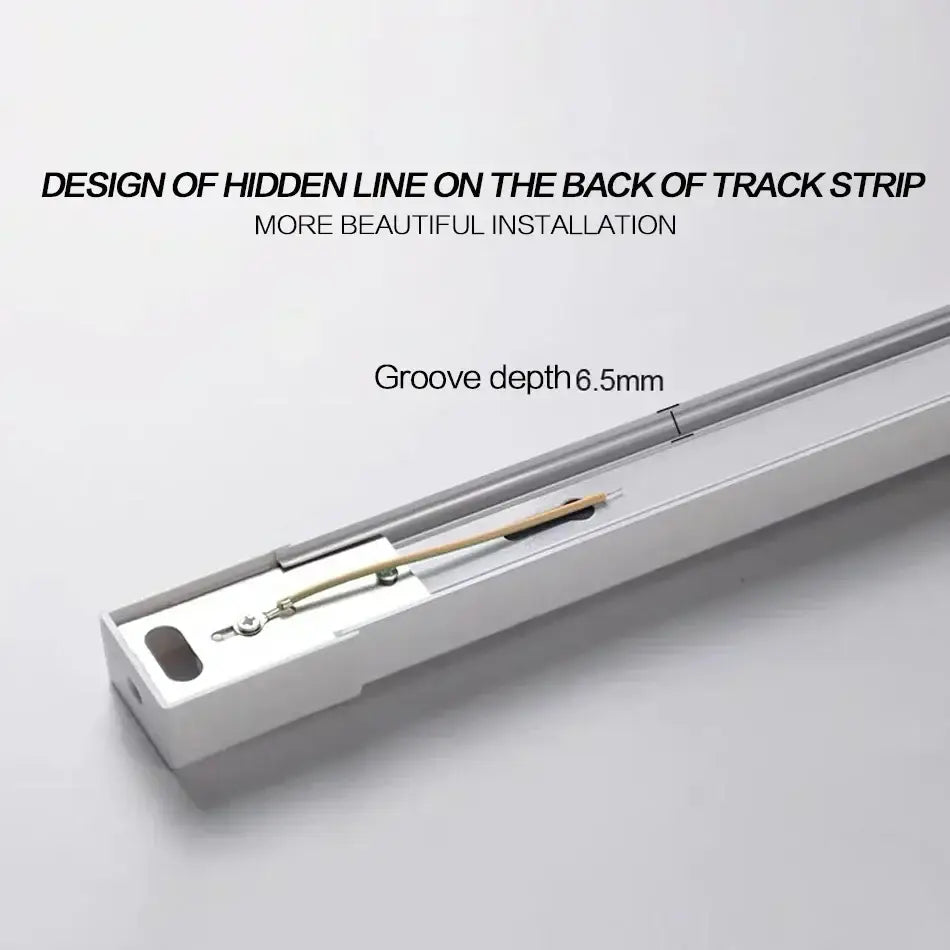 Modern black and white aluminum track rail spotlight fitting with silver aluminum track strip and 6.5mm groove depth