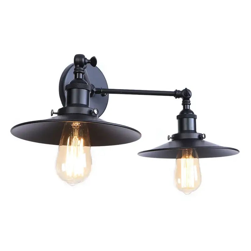 Industrial vintage black 2-head led wall lamp with exposed filament bulbs and wide shades for living room wall lamp