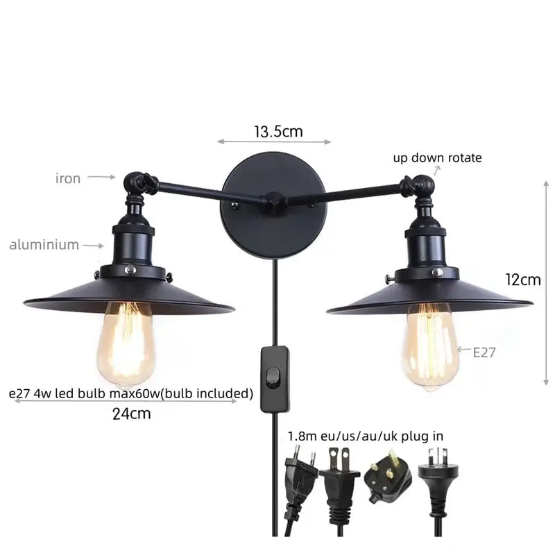 Industrial vintage black 2-head led wall lamp with iron and aluminum arms featuring exposed edison bulbs for living room