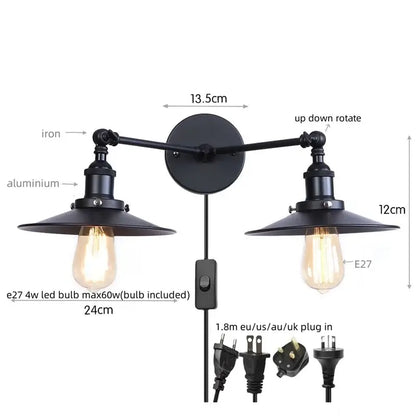 Industrial vintage black 2-head led wall lamp with iron and aluminum arms featuring exposed edison bulbs for living room