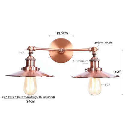 Industrial vintage black led wall lamp with copper-finished adjustable arms and vintage edison bulbs for living room use