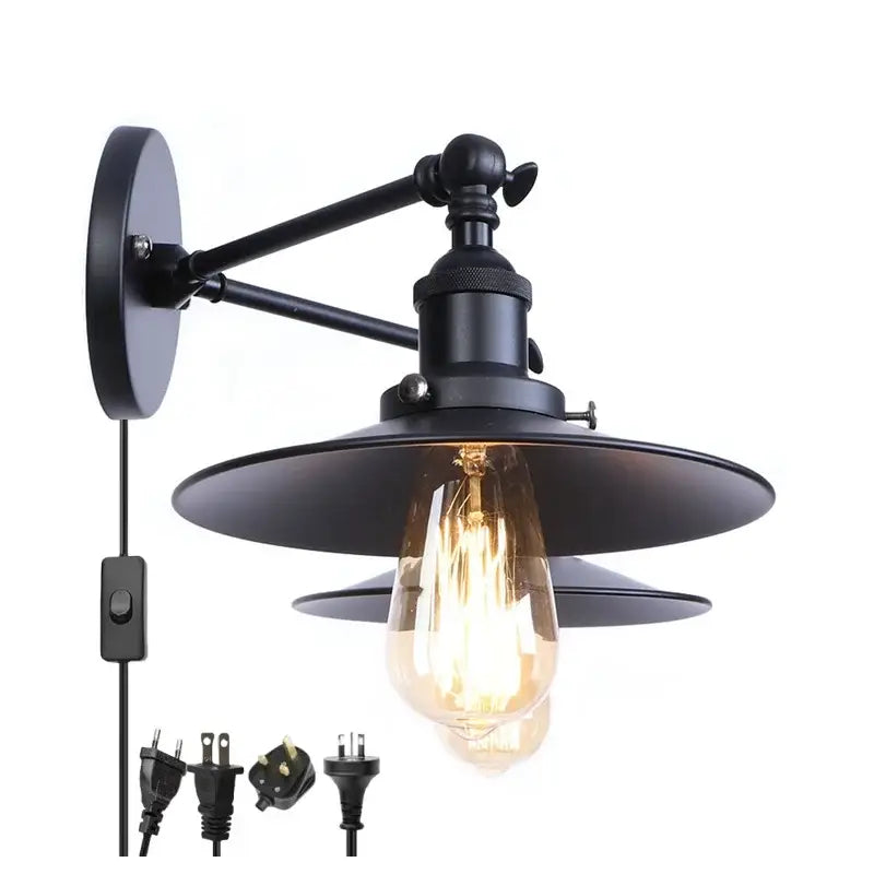 Black industrial vintage 2-head led wall lamp with matte finish and adjustable arm featuring glowing edison bulbs