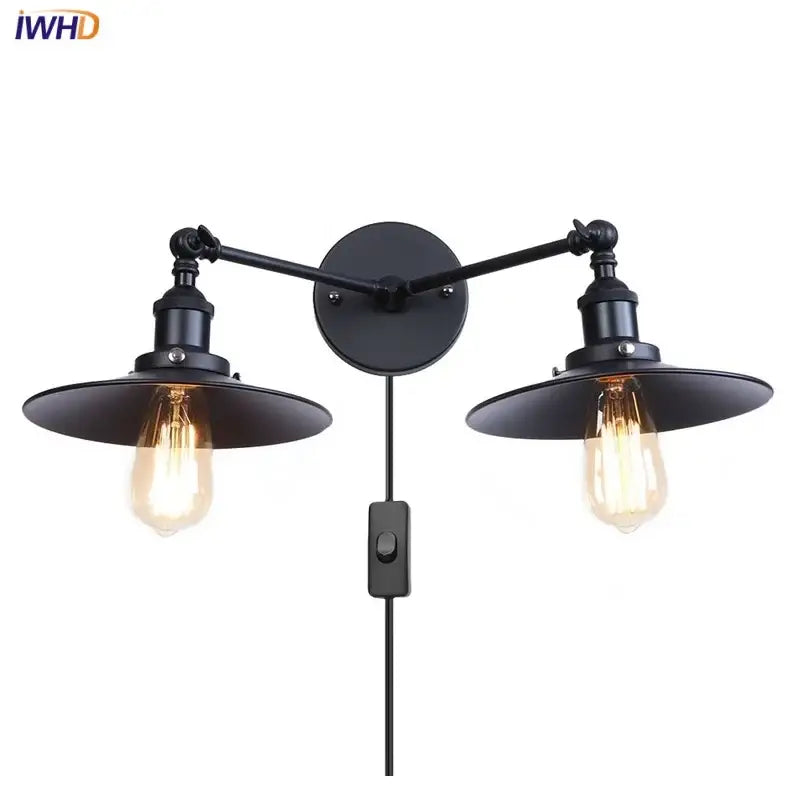 Industrial vintage black led wall lamp with two adjustable metal arms and edison bulbs for living room use