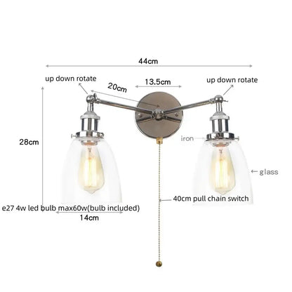 Modern chrome double glass led wall lamps with industrial-style sconce and clear glass shades over edison bulbs