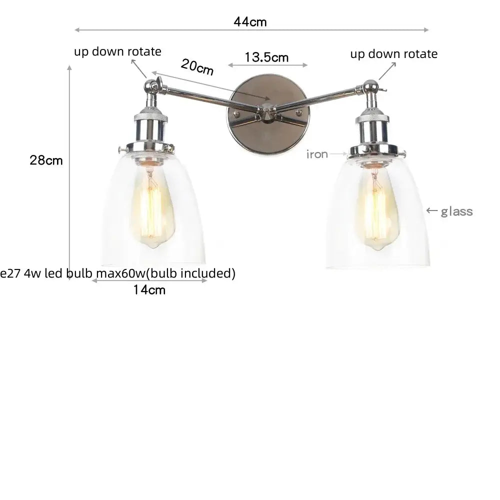 Modern chrome double glass led wall lamps featuring adjustable arms with clear glass shades and edison bulbs