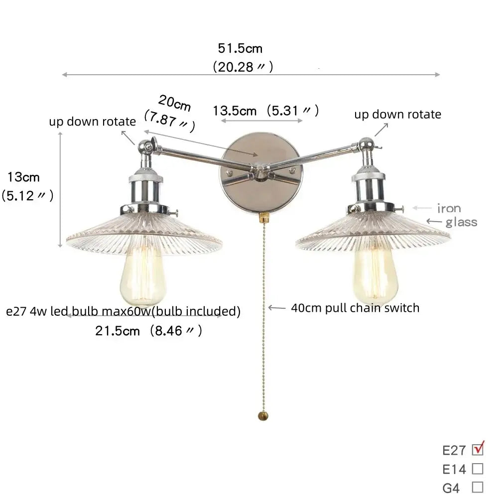 Vintage-style modern chrome double glass led wall lamps with iron arms and exposed edison bulbs for bedroom lighting