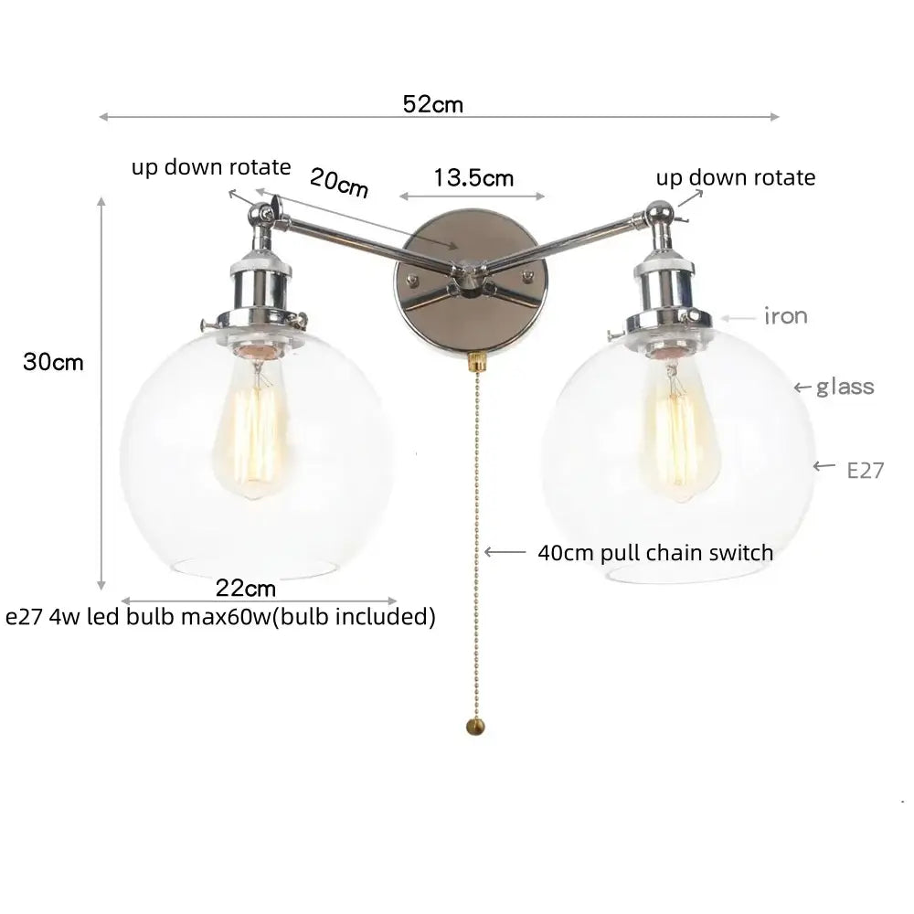 Modern chrome double glass led wall lamps with adjustable arms and e27 bulbs for bedroom lighting fixtures