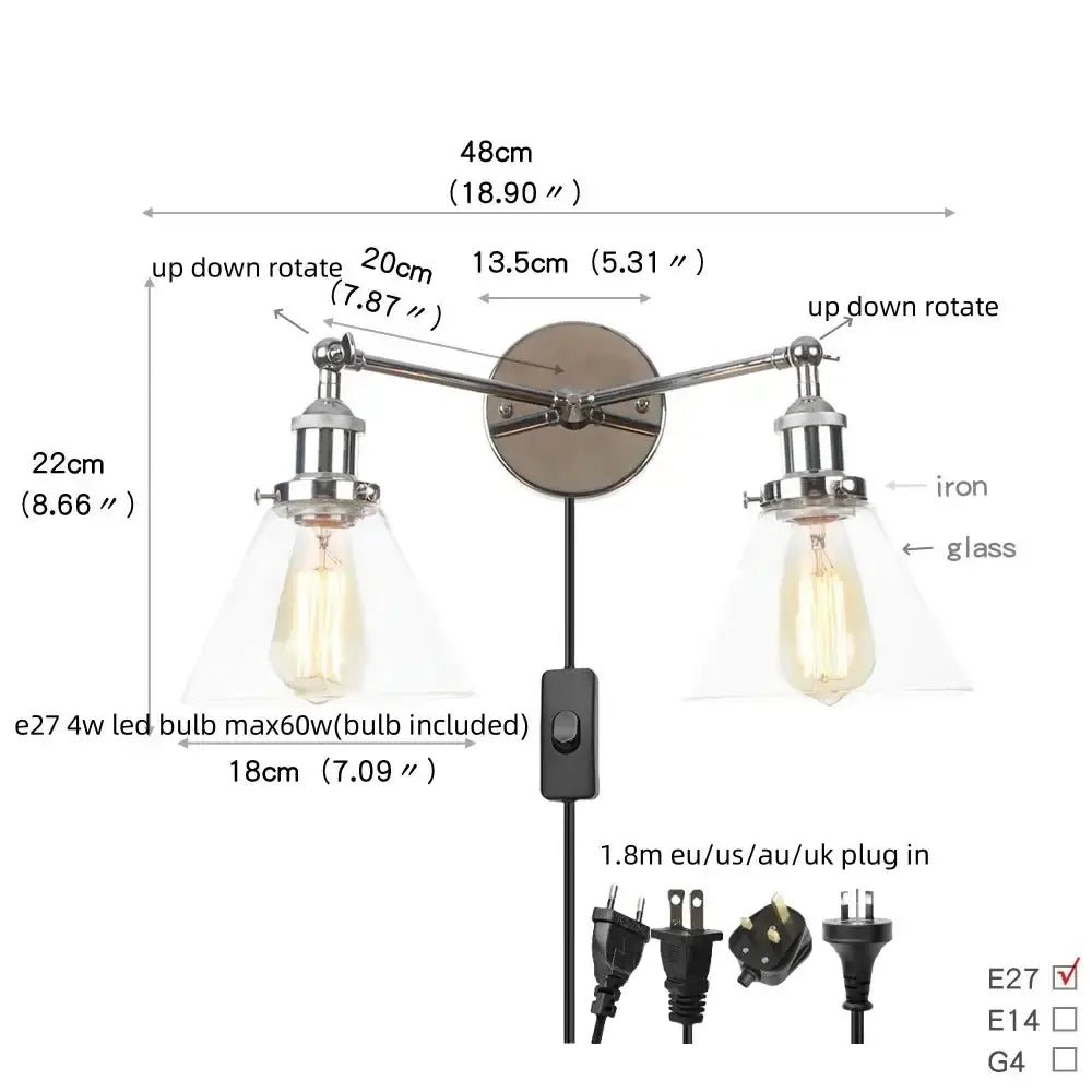 Modern chrome double glass led wall lamps with two adjustable industrial-style arms and edison bulbs for bedroom lighting
