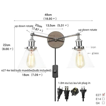 Modern chrome double glass led wall lamps with two adjustable industrial-style arms and edison bulbs for bedroom lighting