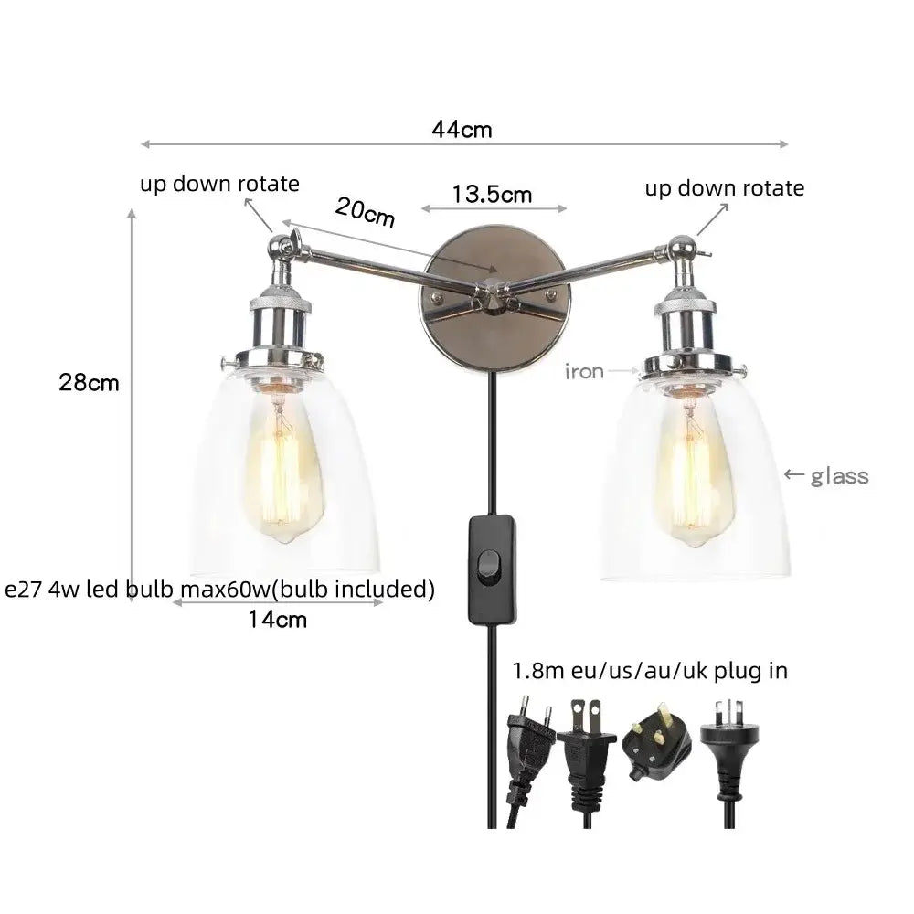 Modern chrome double glass led wall lamps with two adjustable arms and clear shades for bedroom lighting