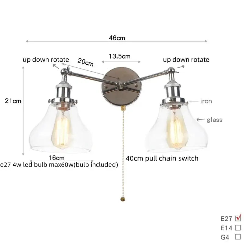 Modern chrome double glass led wall lamps with iron finish and vintage edison bulbs for bedroom lighting fixtures