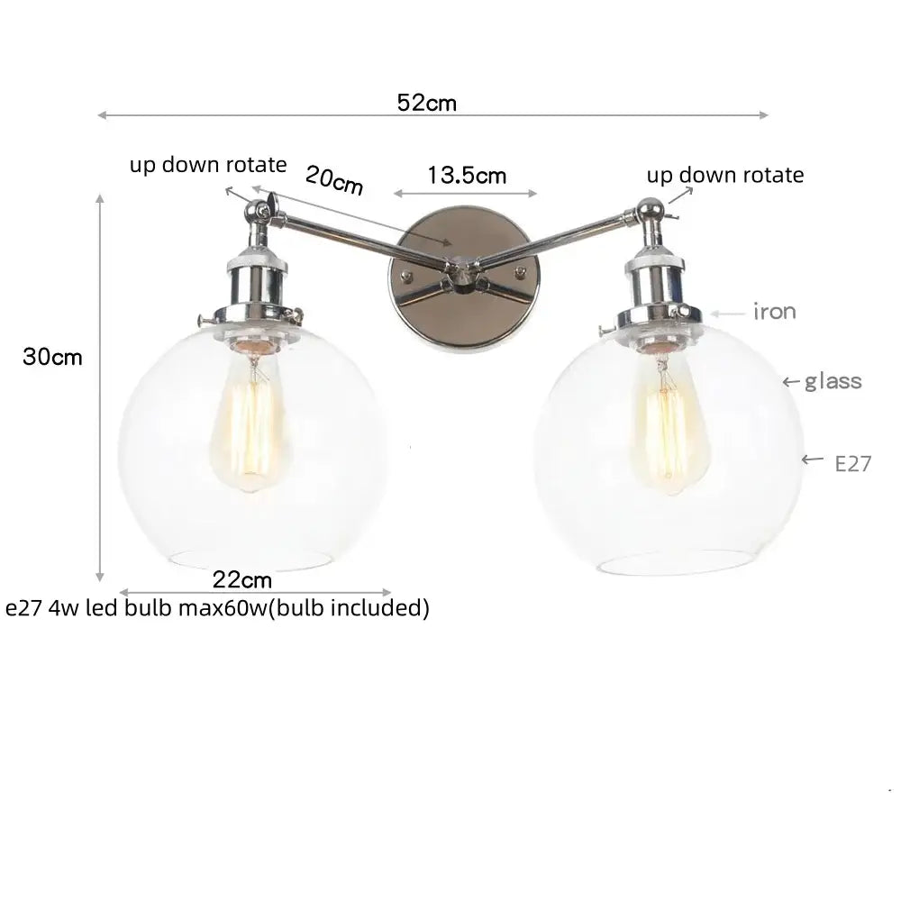 Modern chrome double glass led wall lamps featuring two adjustable arms with clear glass globes and e27 led bulbs
