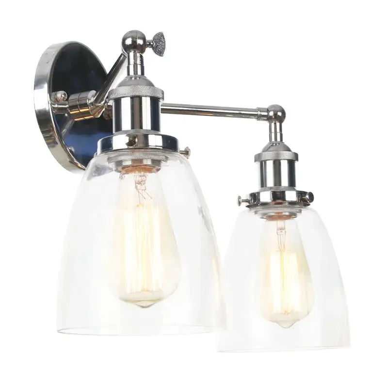 Modern chrome double glass led wall lamps featuring clear glass shades and exposed filament bulbs for bedroom lighting