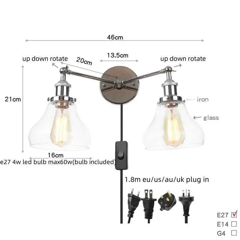 Modern chrome double glass led wall lamps featuring two adjustable arms with clear bell-shaped shades and exposed edison bulbs