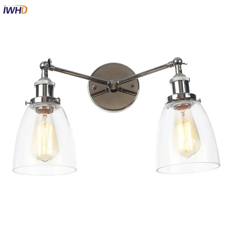 Modern chrome double arm wall lamps with clear glass shades and exposed filament led wall lamps for bedroom use