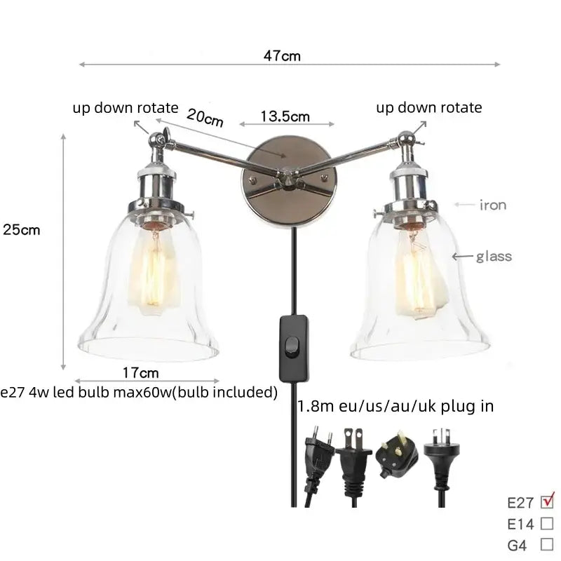 Modern chrome double glass led wall lamps featuring adjustable industrial-style chrome iron arms and clear glass shades