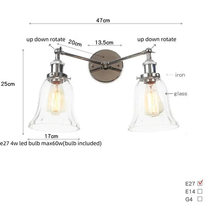 Modern chrome double glass led wall lamps featuring adjustable arms with bell-shaped shades for bedroom lighting