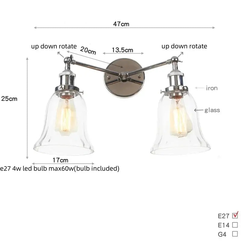 Modern chrome double glass led wall lamps featuring adjustable arms with bell-shaped shades for bedroom lighting