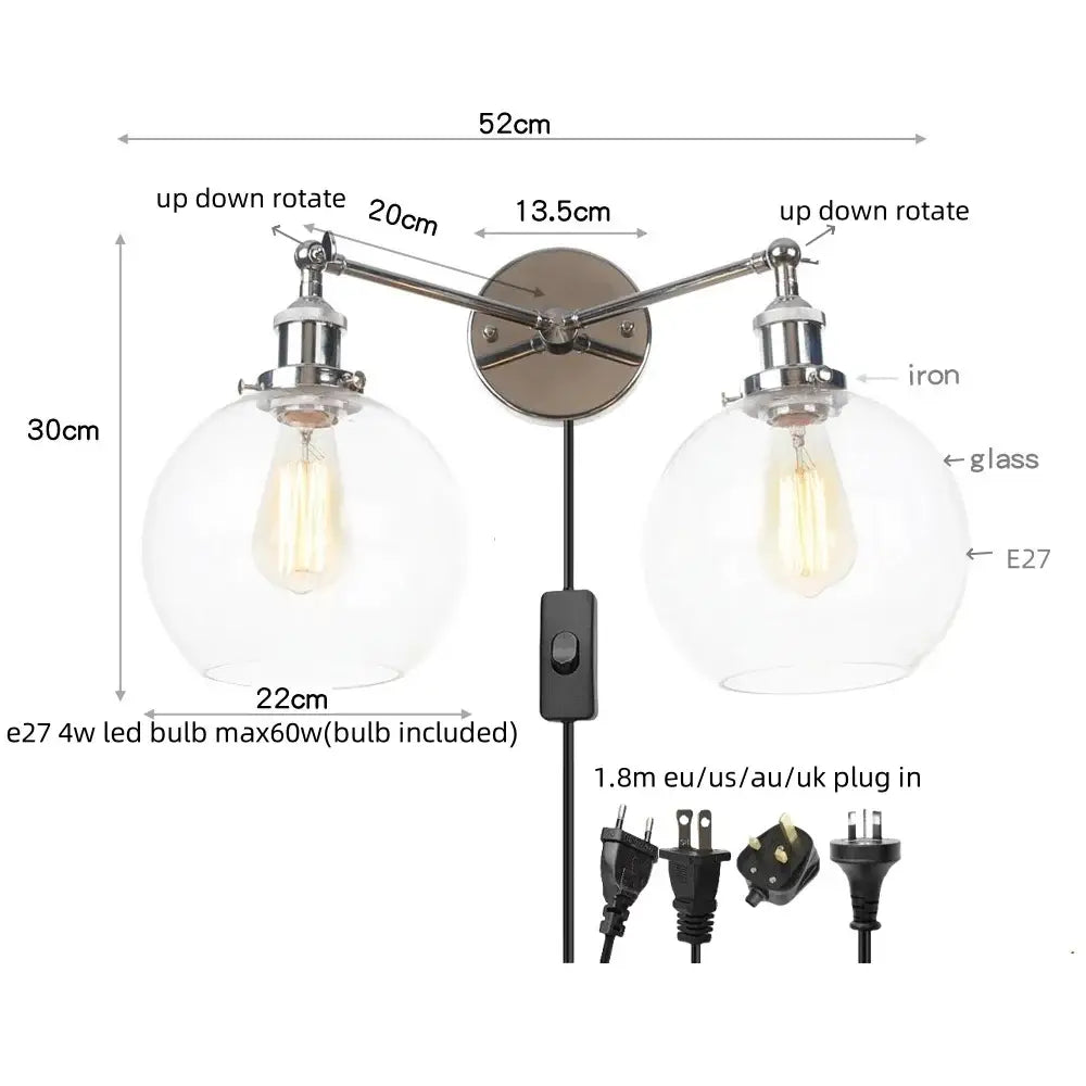 Modern chrome double glass led wall lamps with two adjustable arms and clear glass globes housing e27 led bulbs