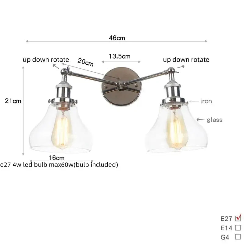 Modern chrome double glass led wall lamps with two adjustable arms and clear glass shades featuring edison bulbs