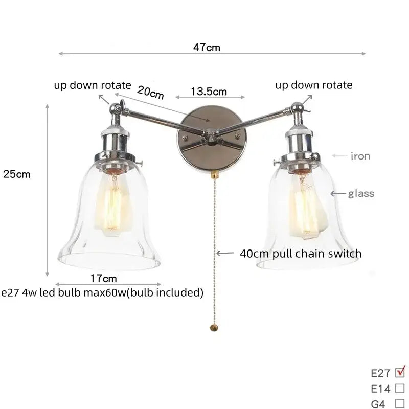 Modern chrome double glass led wall lamps with iron finish and pull chain switch for bedroom lighting fixtures