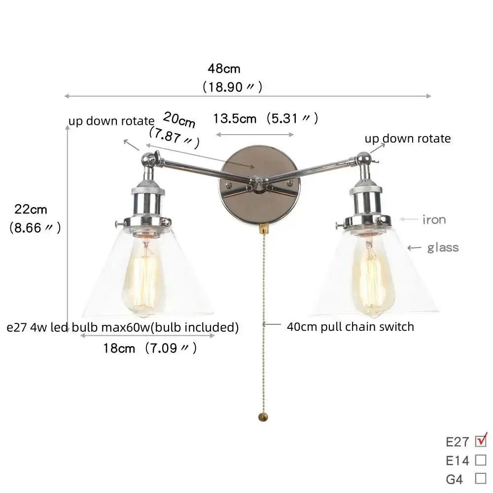 Modern chrome double glass led wall lamps featuring industrial wall lamps with adjustable chrome iron arms and vintage bulbs