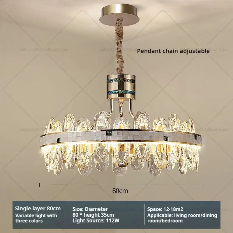 Luxury clear and green villa crystal chandelier with chrome finish and adjustable chain for living room installation