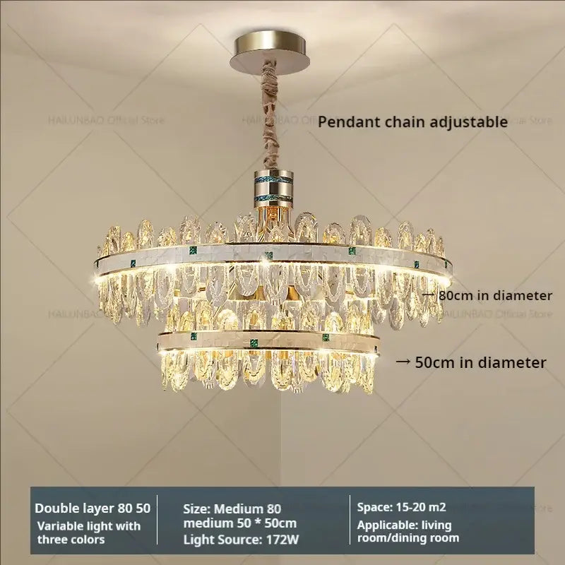 Luxury clear and green villa crystal chandelier with two-tiered faceted crystals and brushed gold finish for living room