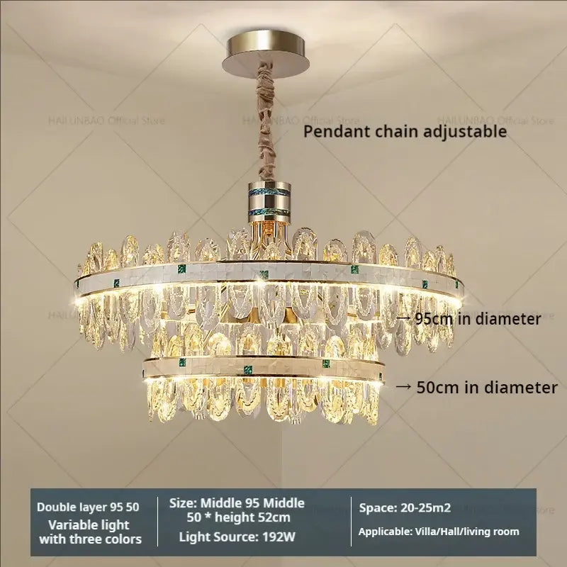 Luxury clear and green villa crystal chandelier with gold-toned metal frame and cascading crystals for living room