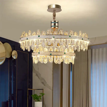 Luxury clear and green villa crystal chandelier with teardrop crystals and silver frame for living room decor