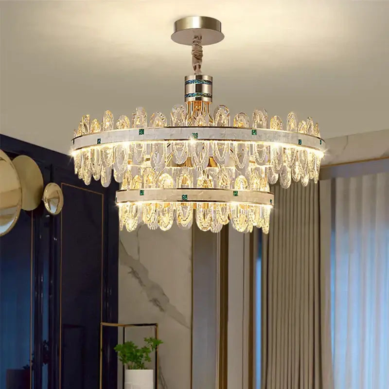 Luxury clear and green villa crystal chandelier with teardrop crystals and silver frame for living room decor
