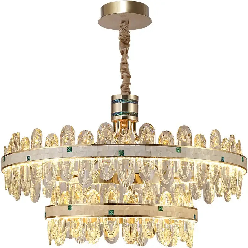 Gold-toned villa crystal chandelier with two tiers of clear faceted droplets and green stones for living room lighting