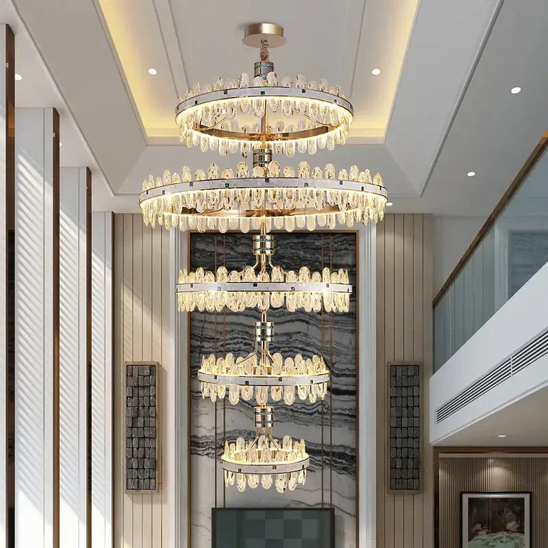 Luxury clear and green villa crystal chandelier with gold-toned metal accents and cascading teardrop crystals for living room