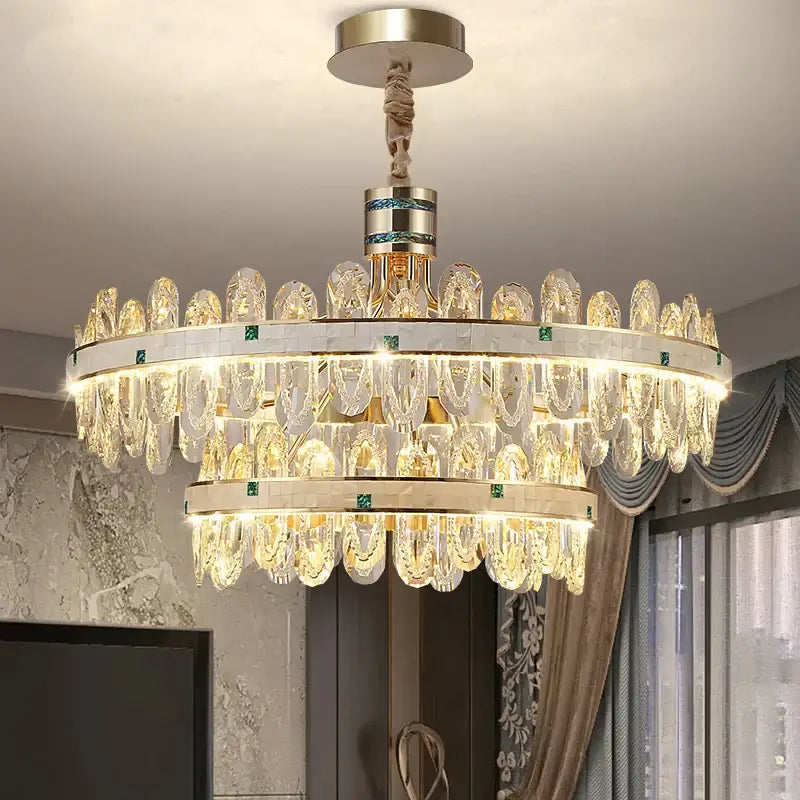 Luxury two-tiered villa crystal chandelier with clear crystals gold-toned metal and green gemstones for living room