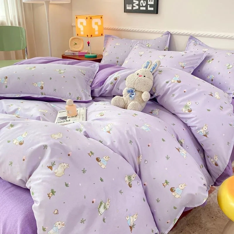 Lavender decorbites summer bedding set with plush texture and cartoon bunnies pattern for twin and queen beds