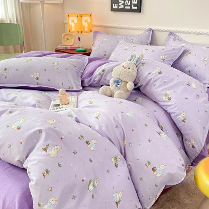 Lavender decorbites summer bedding set with plush texture and cartoon bunnies pattern for twin and queen beds