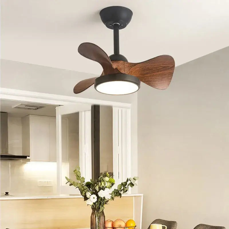 Black led ceiling fan with four wooden blades and integrated circular fan light for modern bedroom use