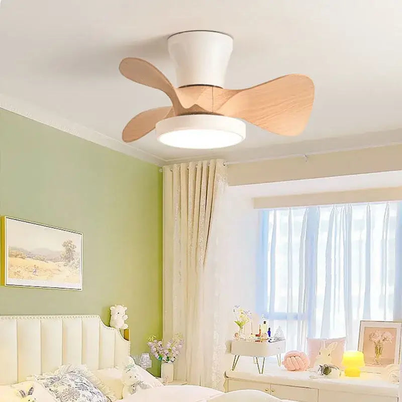 Modern white led ceiling fan with wooden blades and fan light ideal for bedroom use