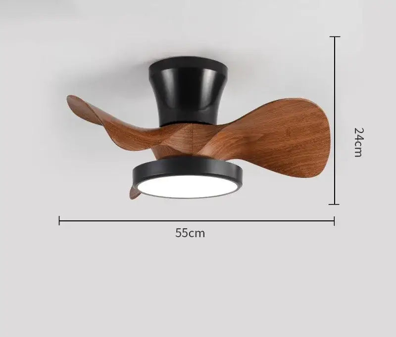 Modern white led ceiling fan with sleek black metal housing and warm wooden blades designed as a fan light for bedrooms