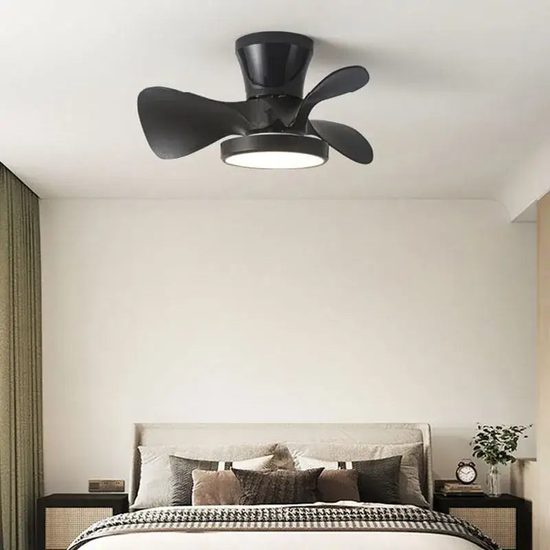 Black modern led ceiling fan with integrated fan light and wooden blades designed for bedroom use