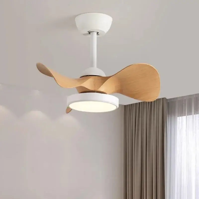 Modern white led ceiling fan with sleek plastic housing and three light brown wooden blades for fan light use